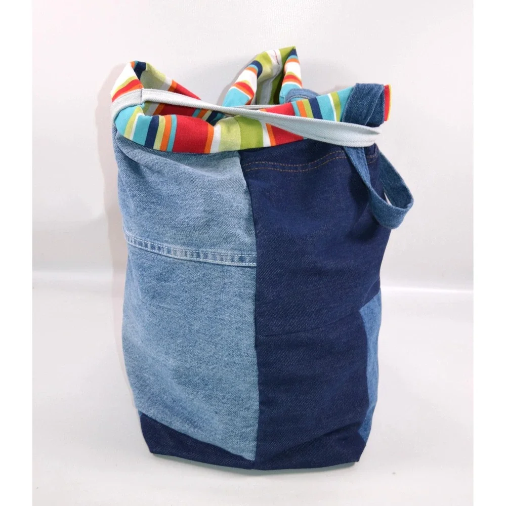 Denim Patchwork Blue Jean Tote/Shoulder Bag Upcycle Reversible Striped 17